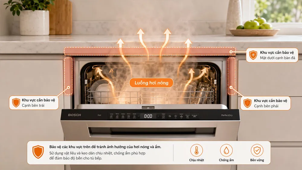 Hơi nóng thoát ra từ cửa máy rửa bát sau chu trình