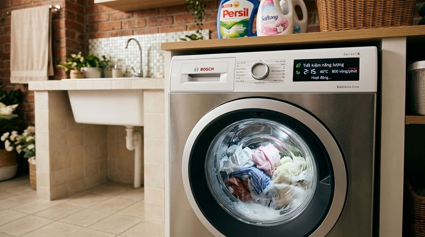 Máy giặt Bosch đang hoạt động với chế độ tiết kiệm năng lượng hiển thị trên màn hình