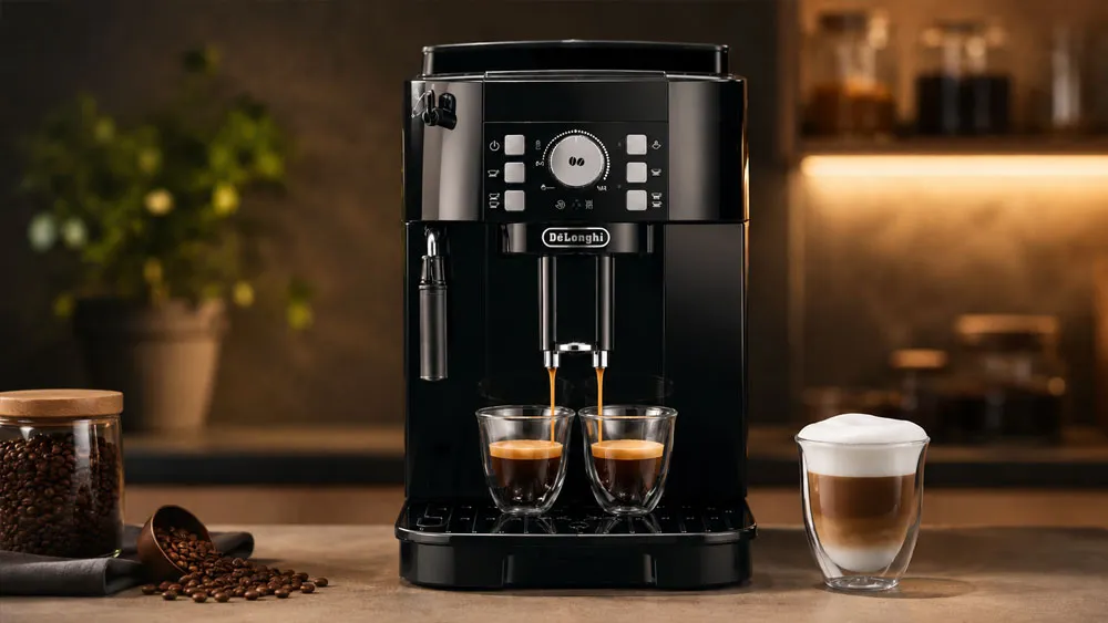 Quá trình chiết xuất espresso với lớp crema vàng óng từ Delonghi ECAM12.122.B