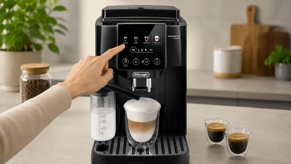 Người dùng thao tác chọn đồ uống trên máy pha cà phê Delonghi
