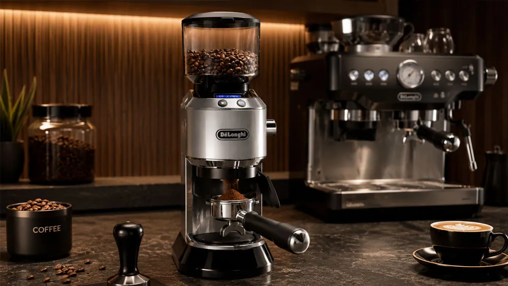 Delonghi KG521.M xay trực tiếp vào tay cầm Espresso