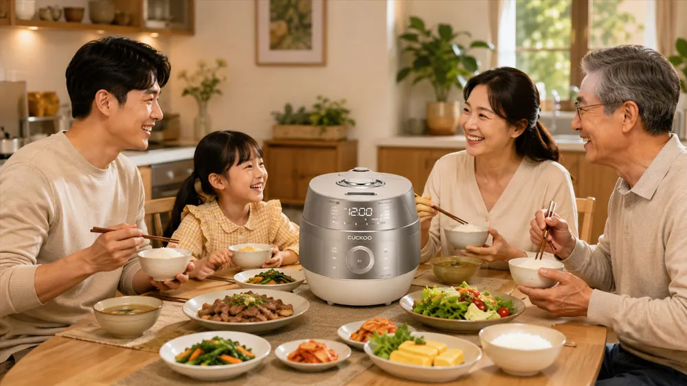 Gia đình thưởng thức bữa cơm ngon cùng nồi cơm điện Cuckoo 1.8L