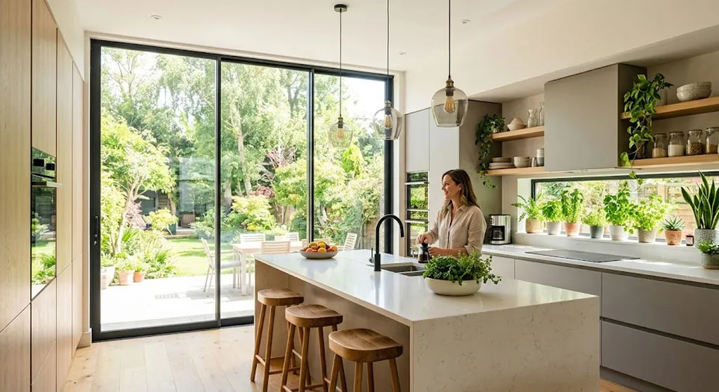 thiết kế bếp kết hợp cây xanh và ánh sáng tự nhiên