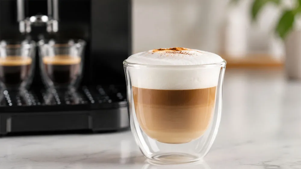 Ly cappuccino với lớp bọt sữa đẹp mắt từ máy pha cà phê gia đình