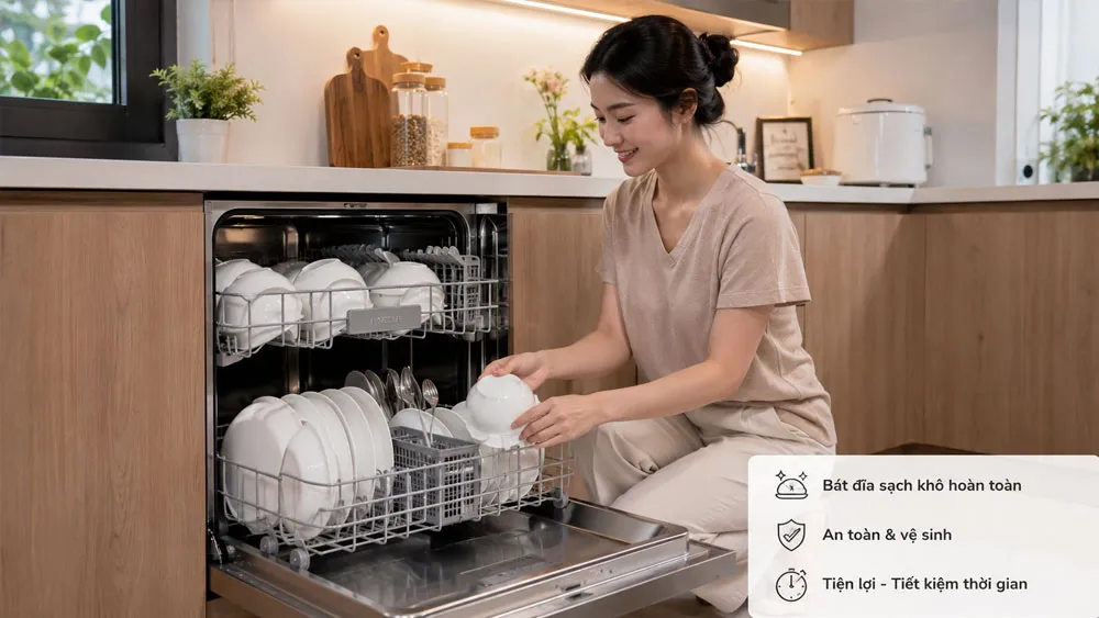 Lấy bát đĩa từ giỏ dưới của máy rửa bát