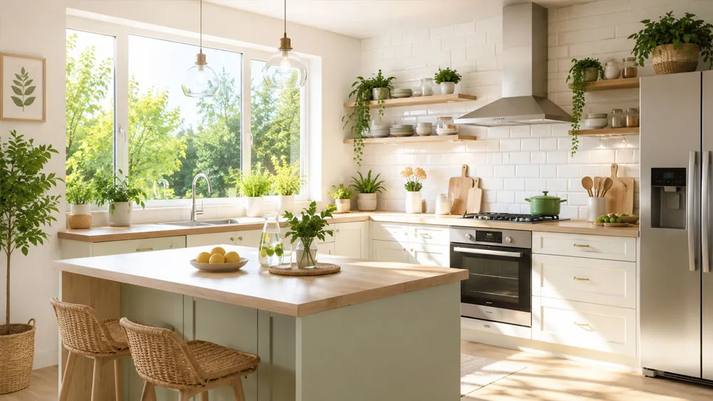 Căn bếp mùa hè nhiều ánh sáng tự nhiên với cửa sổ rộng và cây xanh nhỏ