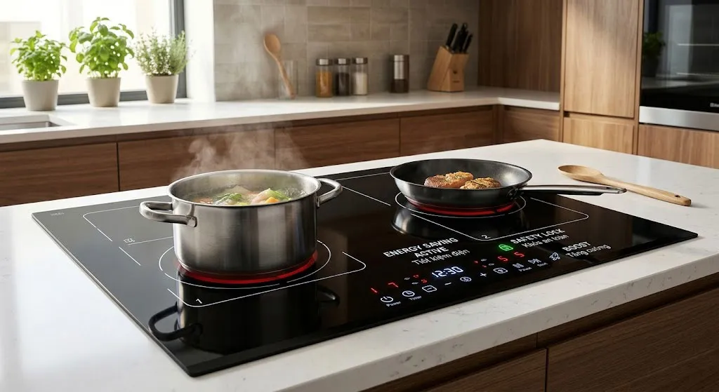 Bếp từ hiện đại với bảng điều khiển an toàn tiết kiệm điện
