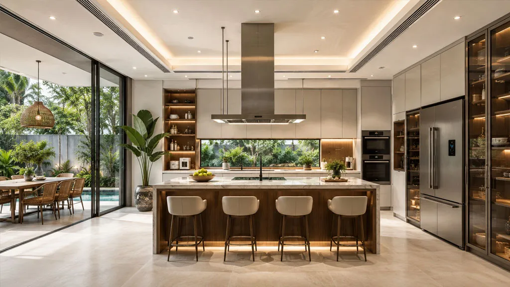 Gian bếp cao cấp có ánh sáng tự nhiên với thiết kế mở và hệ thống thông gió hiện đại