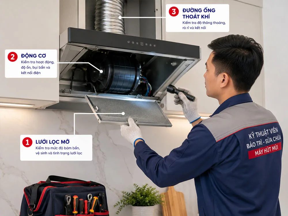 Kỹ thuật viên kiểm tra máy hút mùi kêu to và hút yếu