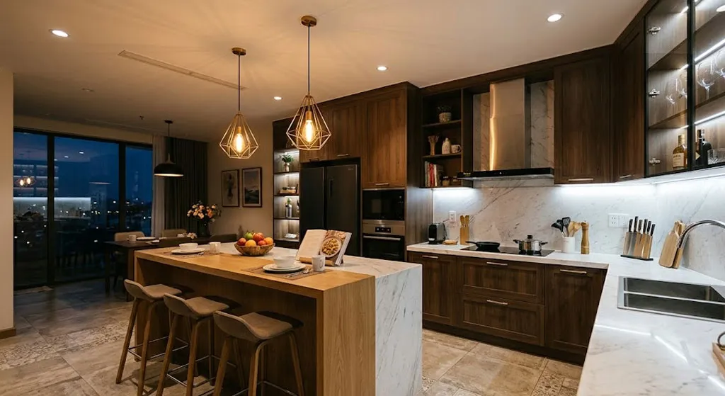 he thong den chieu sang nhieu lop trong bep