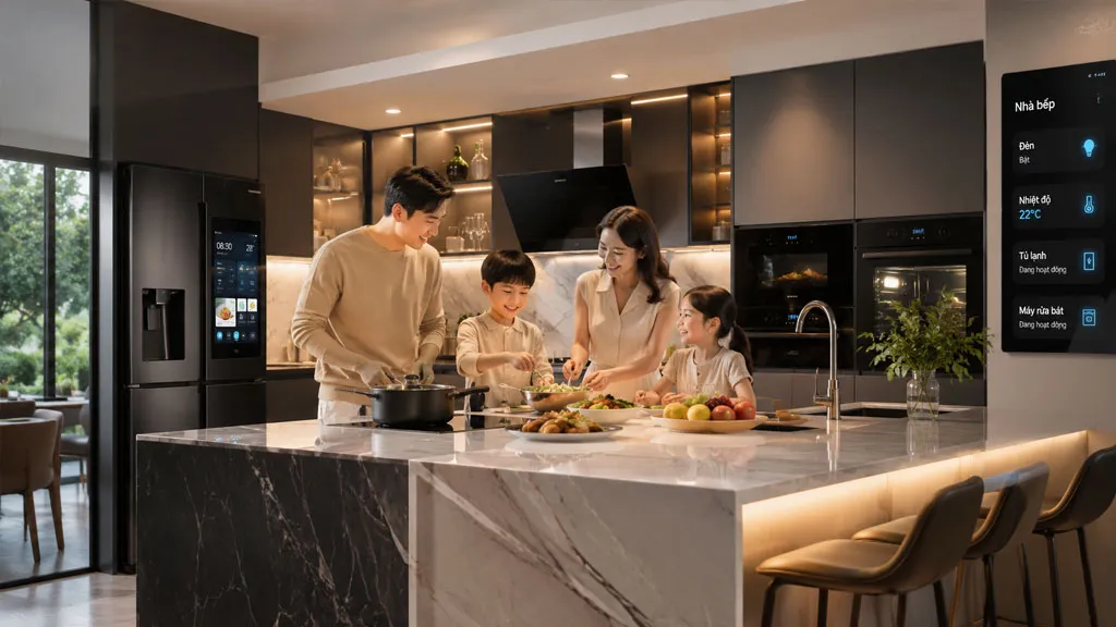 Gia đình sử dụng thiết bị gia dụng thông minh trong căn bếp hiện đại