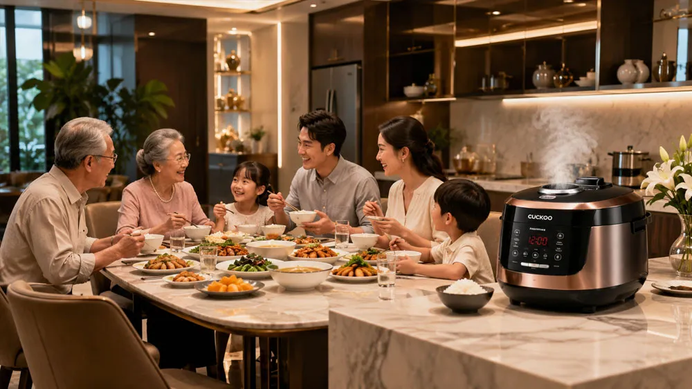 Gia đình sử dụng nồi cơm điện cao cấp cho bữa cơm hằng ngày