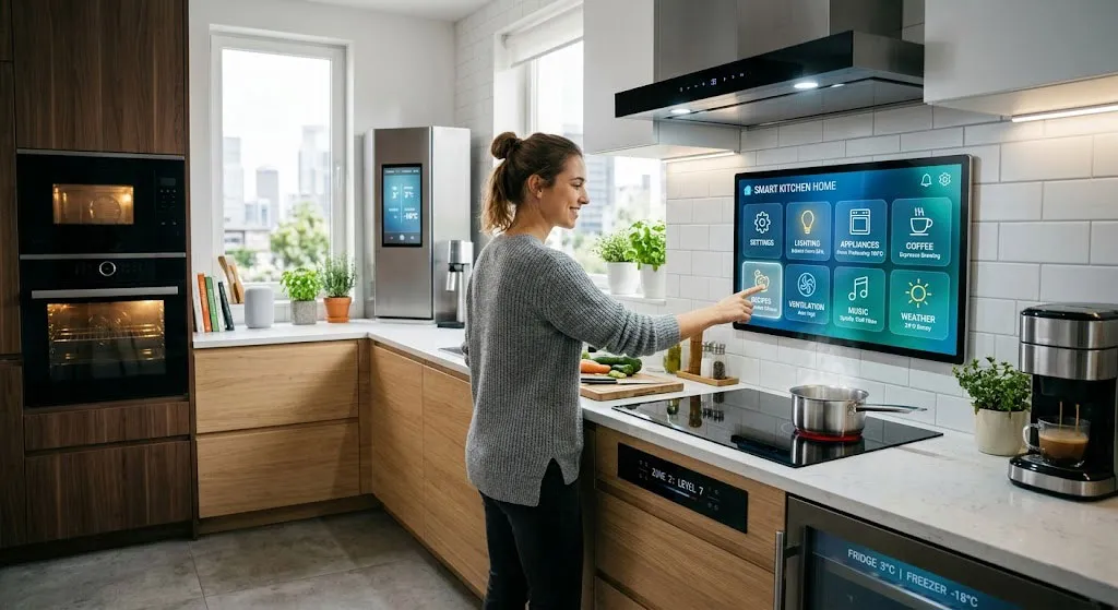 Gian bếp sử dụng thiết bị thông minh với bảng điều khiển cảm ứng hiện đại