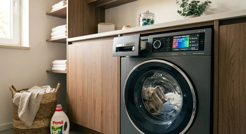 Máy giặt cửa trước hiện đại với bảng điều khiển thông minh