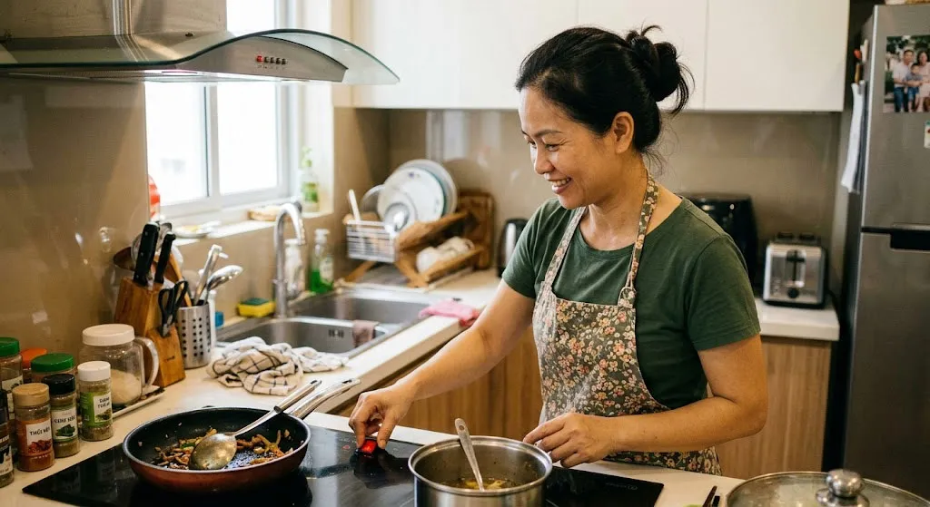 Người nội trợ tắt thiết bị bếp sau khi sử dụng
