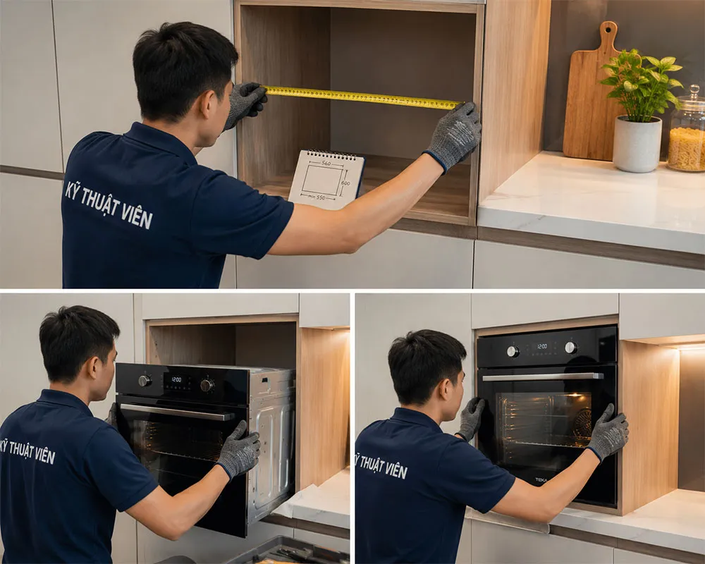 Kỹ thuật viên lắp đặt lò nướng âm tủ đúng tiêu chuẩn