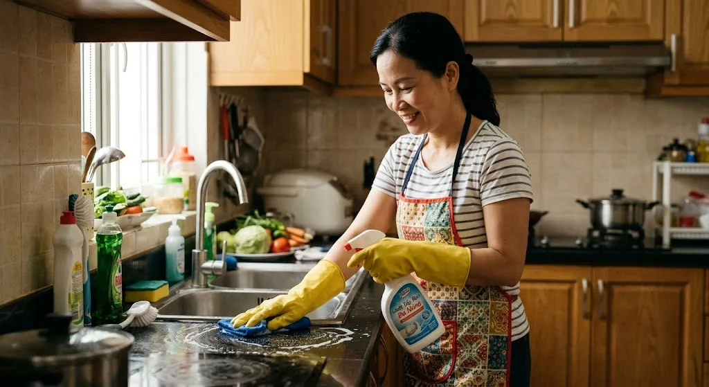 Người nội trợ sử dụng găng tay khi vệ sinh bếp