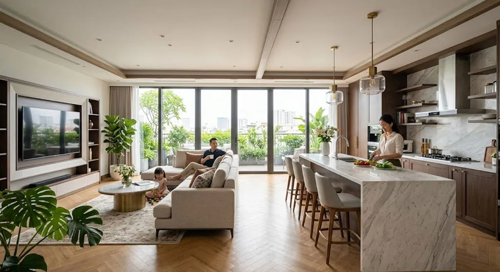 không gian bếp mở liên thông phòng khách sang trọng