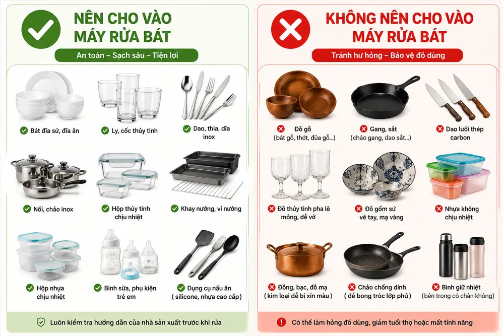 Các vật dụng nên và không nên cho vào máy rửa bát