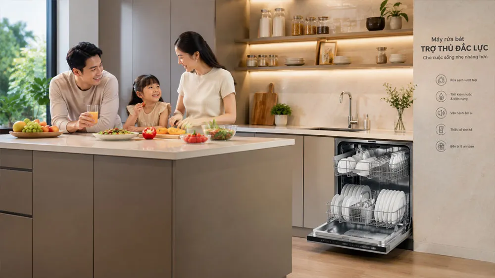 Gia đình tận hưởng thời gian bên nhau nhờ sự hỗ trợ của máy rửa bát