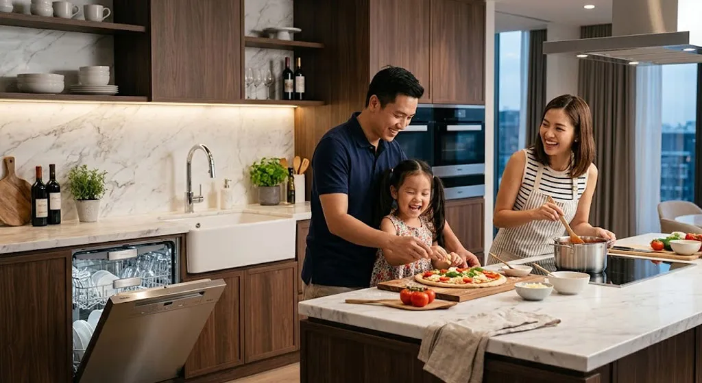 Gia đình trẻ tận hưởng thời gian bên nhau trong căn bếp sang trọng có máy rửa bát hiện đại