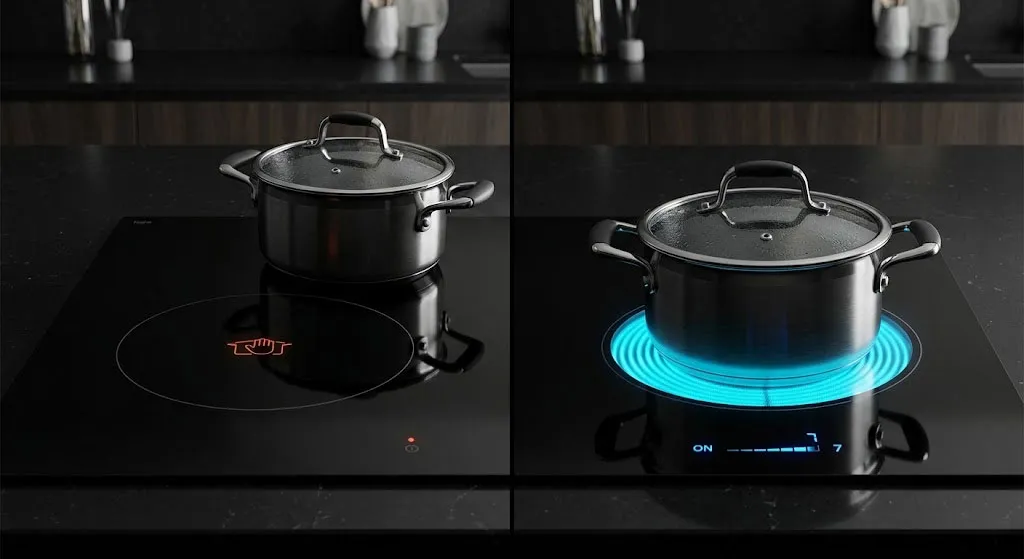 đặt nồi sai vị trí và đúng vị trí trên bếp từ