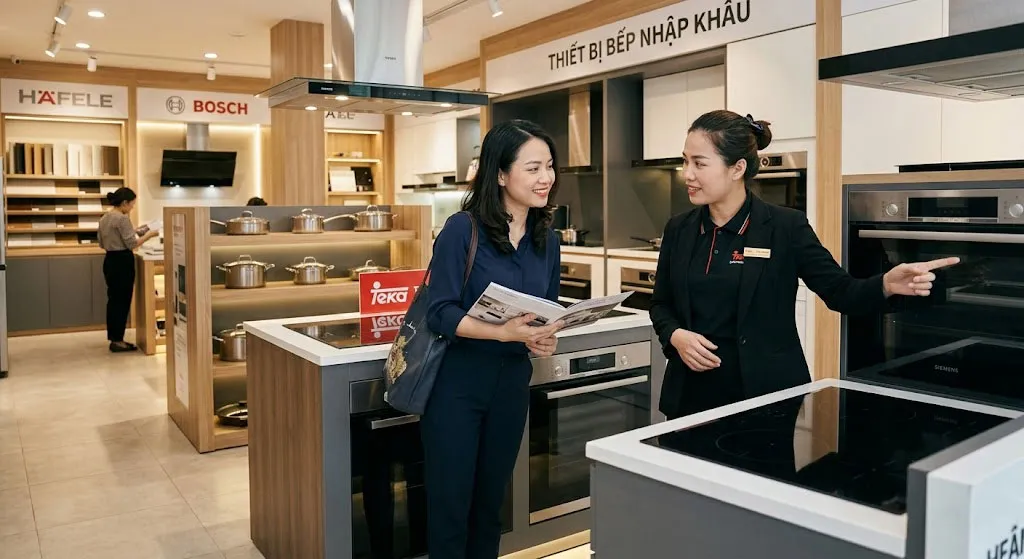 Khách hàng lựa chọn thiết bị bếp tại showroom