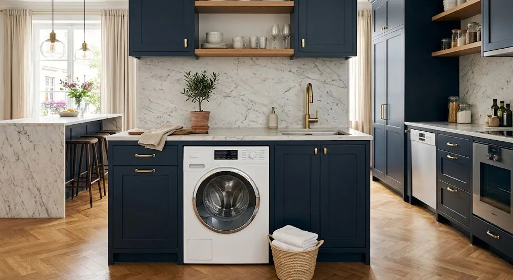 Máy giặt đặt trong không gian bếp sang trọng