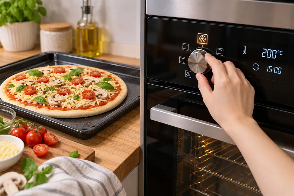 Người dùng lựa chọn biểu tượng chế độ nướng pizza phù hợp trên lò nướng