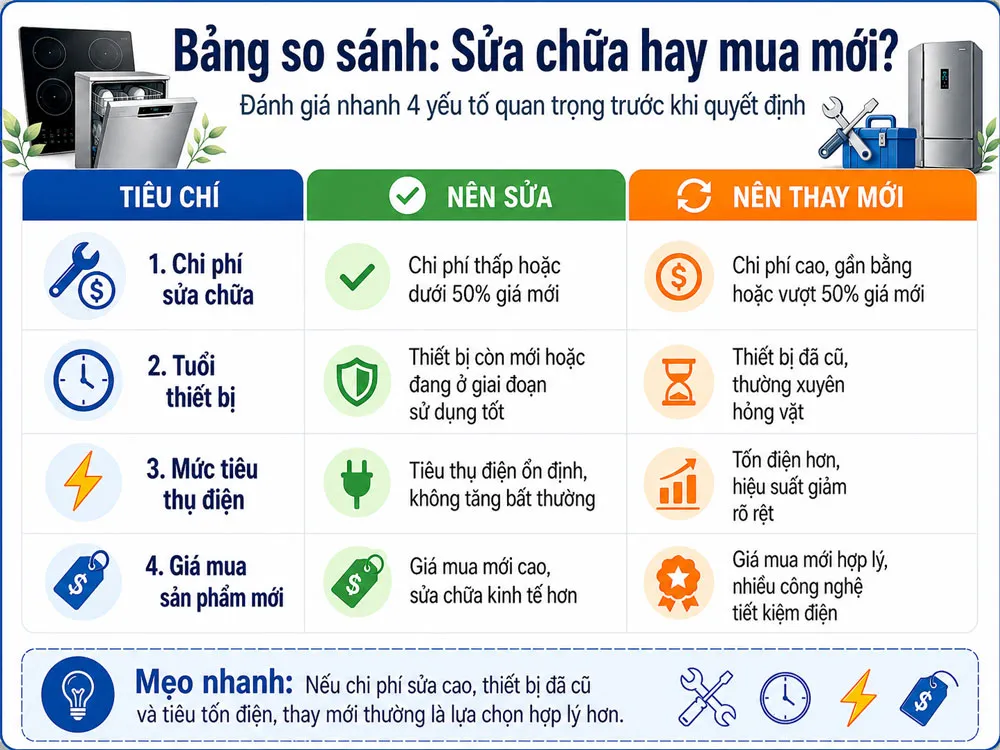 So sánh chi phí sửa chữa và thay mới thiết bị gia dụng