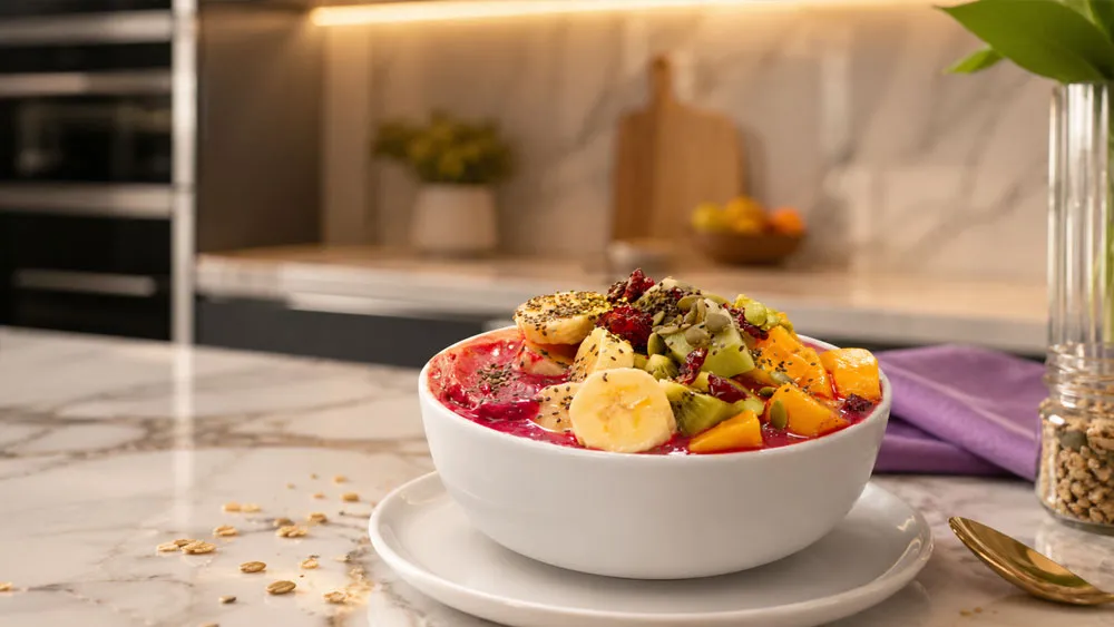 Bát sinh tố trang trí xoài kiwi chuối và hạt chia đẹp mắt