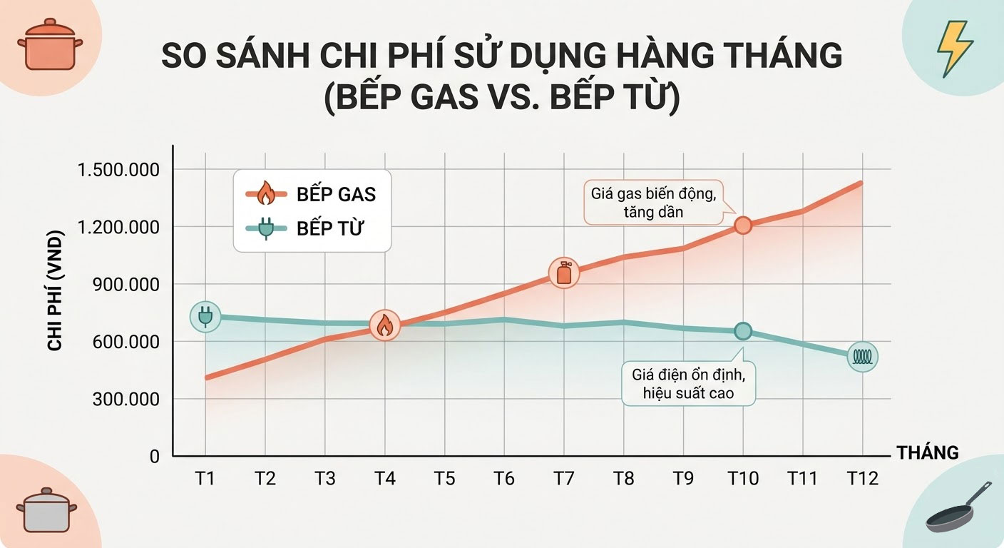 Biểu đồ chi phí sử dụng bếp từ và bếp gas theo thời gian