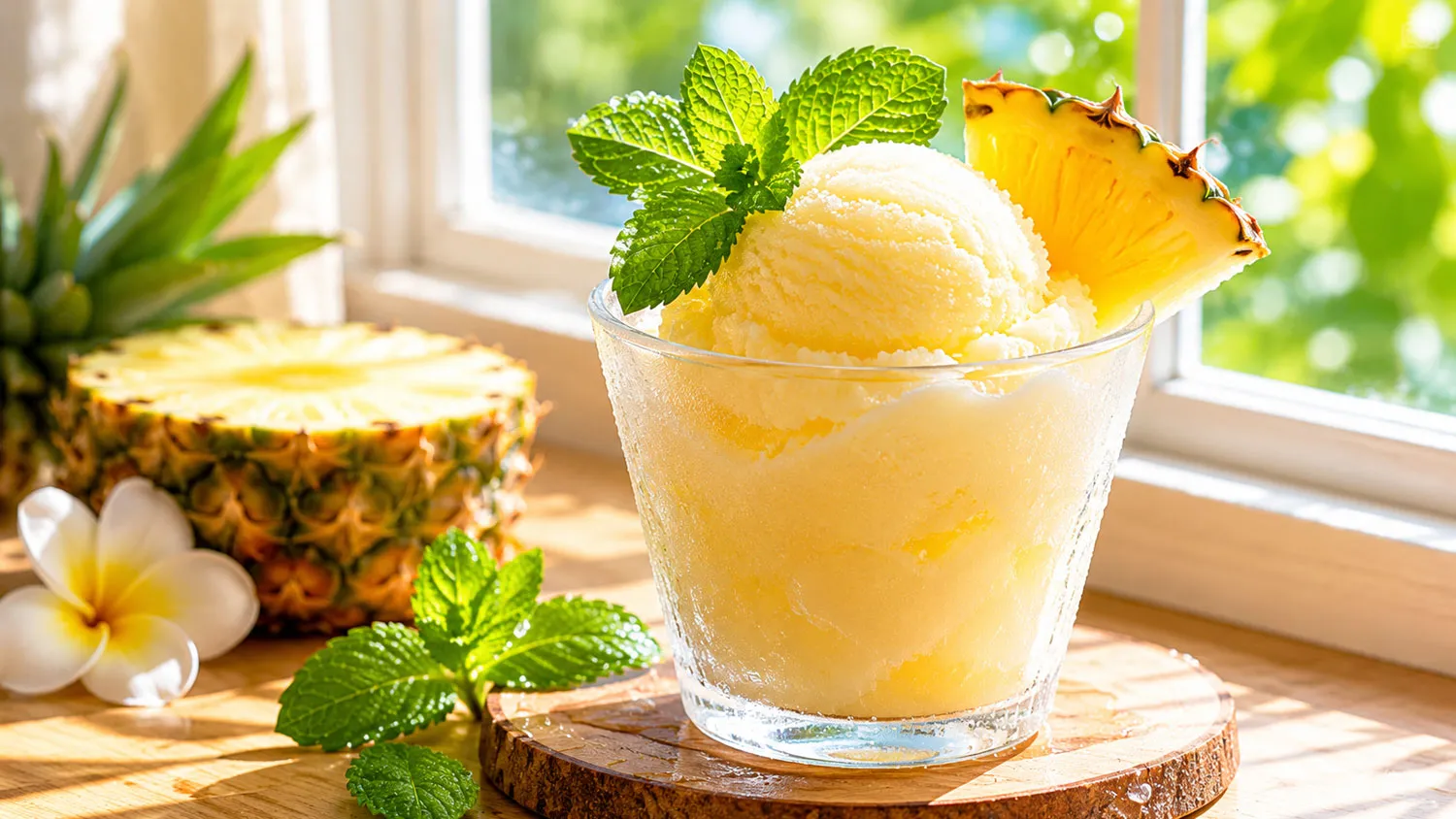 Ly sorbet Pina Colada trang trí lá bạc hà và dứa tươi đẹp mắt