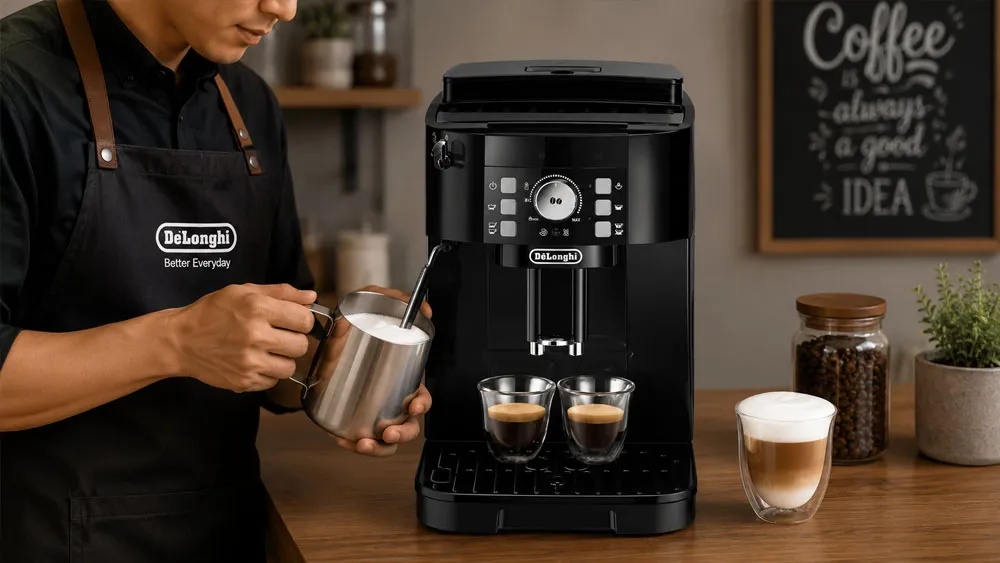 Tạo bọt sữa mịn bằng vòi đánh sữa chuyên dụng của Delonghi ECAM12.122.B