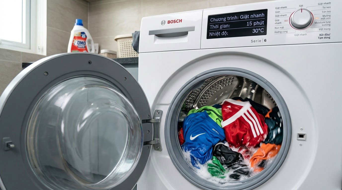 Một vài chiếc áo thể thao được đặt trong lồng giặt Bosch với chế độ giặt nhanh