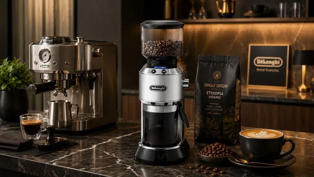 Máy xay cà phê Delonghi KG521.M trong không gian pha chế hiện đại