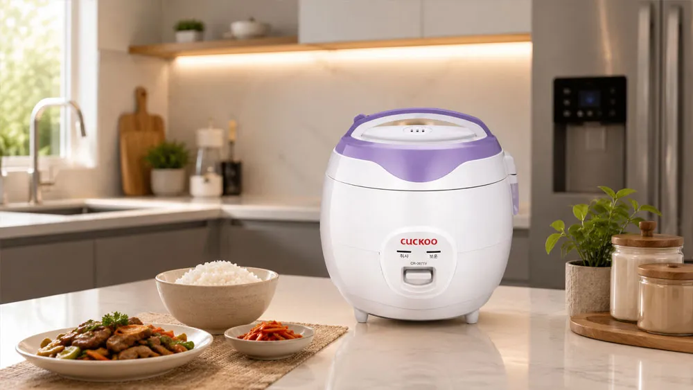 Nồi cơm điện Cuckoo màu tím trong không gian bếp hiện đại