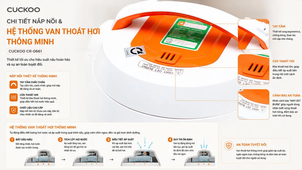 Van thoát hơi thông minh trên nồi cơm điện Cuckoo CR-0661 giữ trọn dinh dưỡng