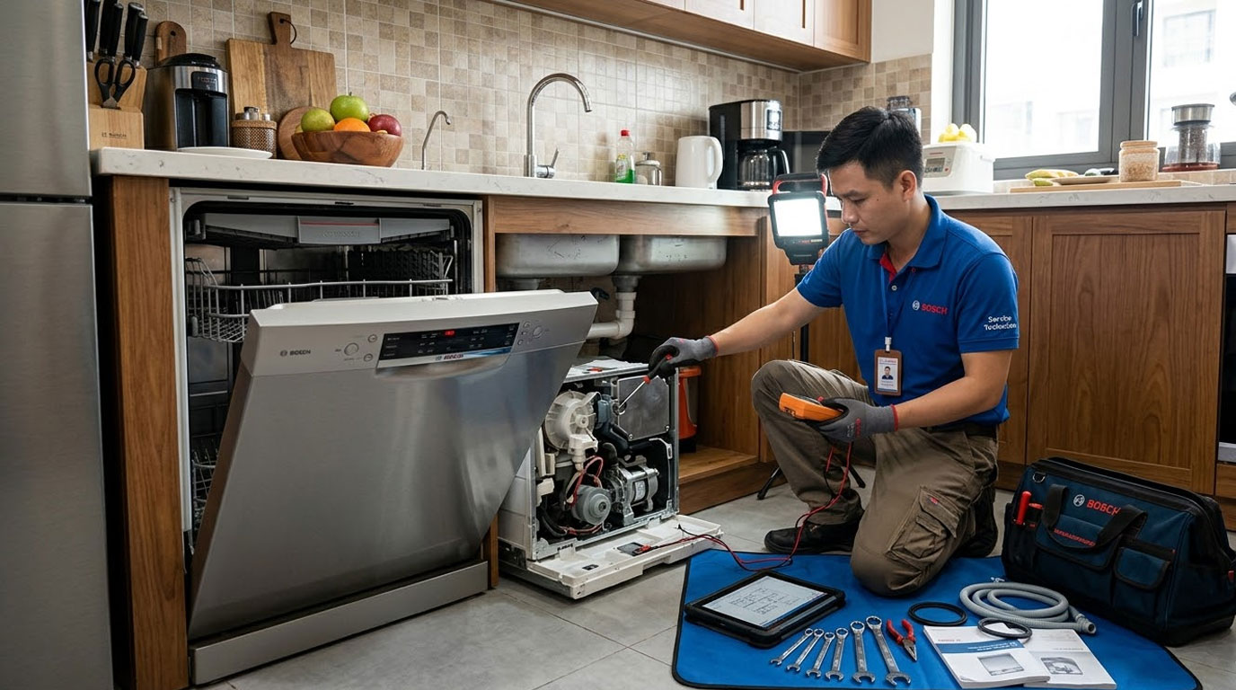 kỹ thuật viên sửa chữa máy rửa bát Bosch tại nhà