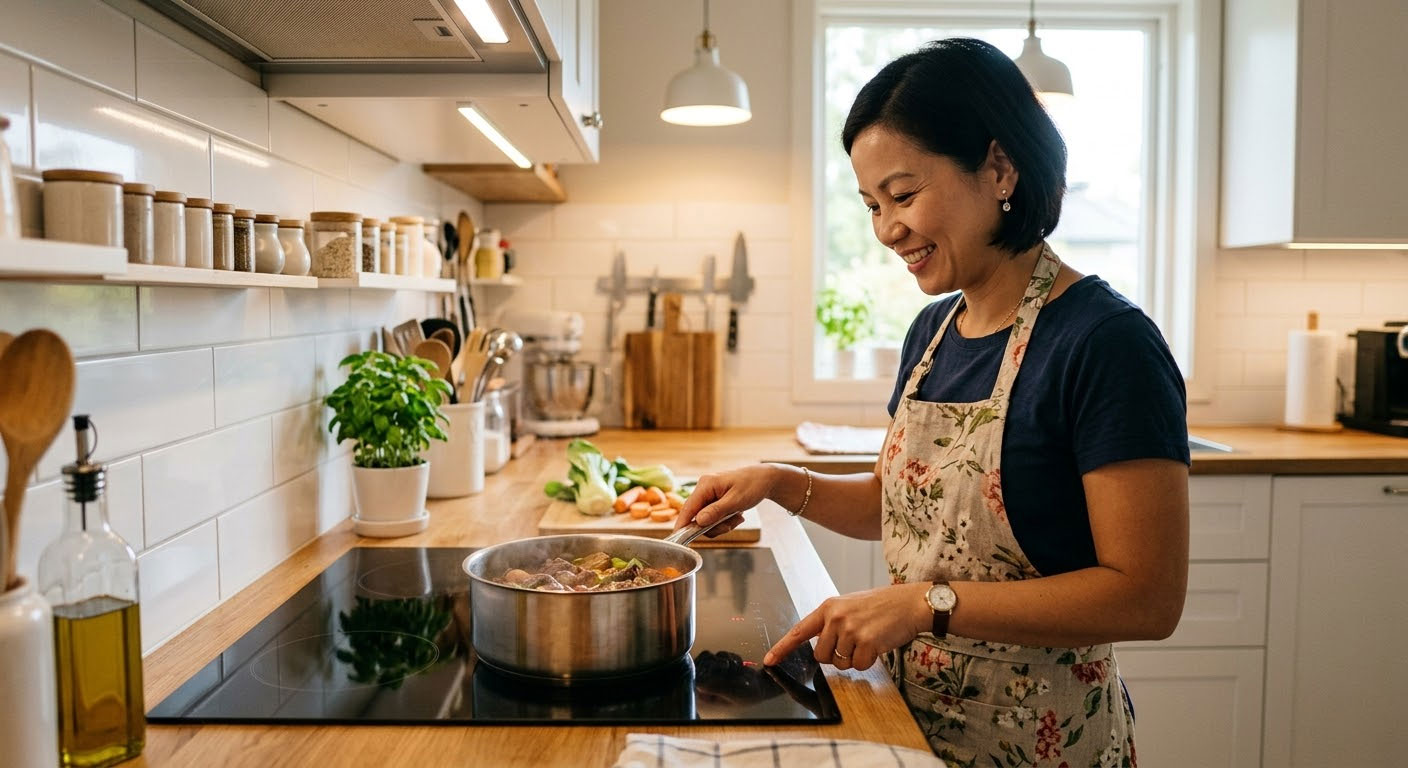 Người nội trợ sử dụng bếp từ với bảng điều khiển cảm ứng