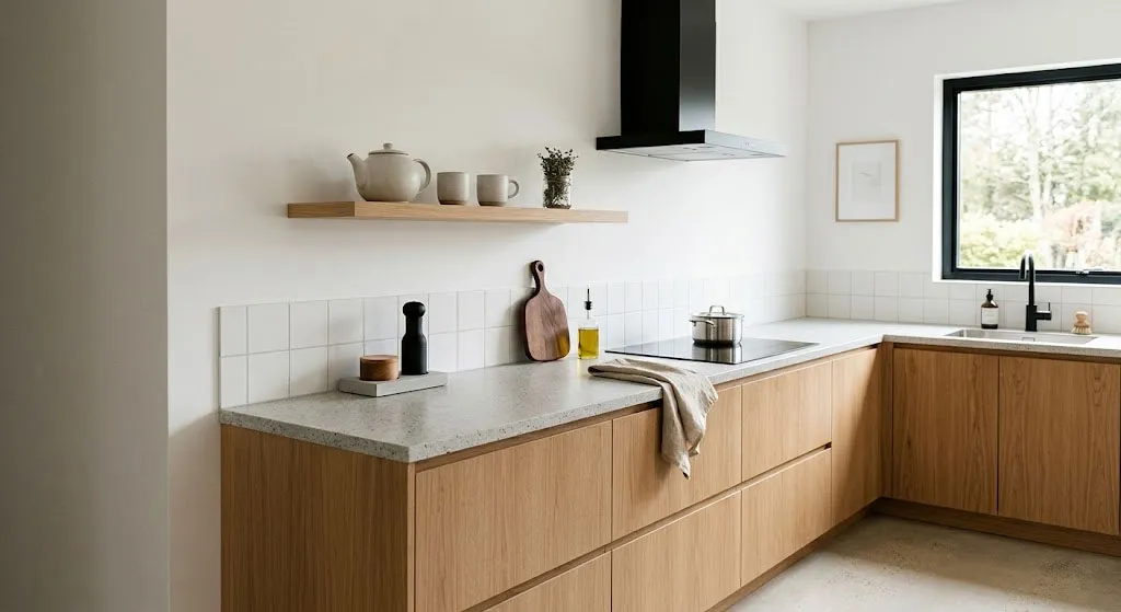 Gian bếp tối giản với ít vật dụng nhưng bố trí tinh tế và gọn gàng