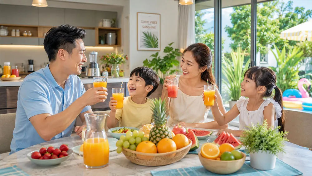 Gia đình thưởng thức nước ép trái cây tươi tốt cho sức khỏe mùa hè