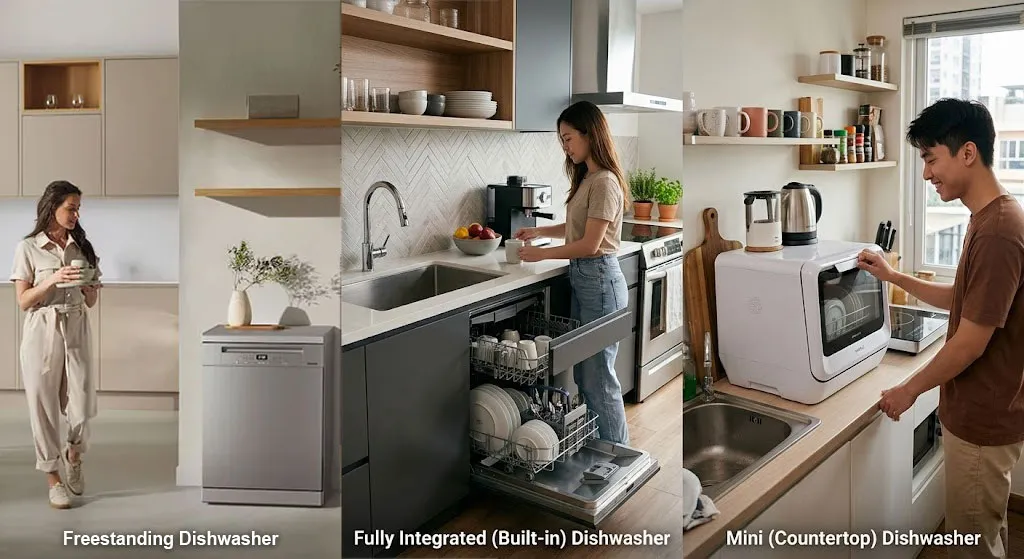các loại máy rửa bát độc lập âm tủ và mini trong bếp