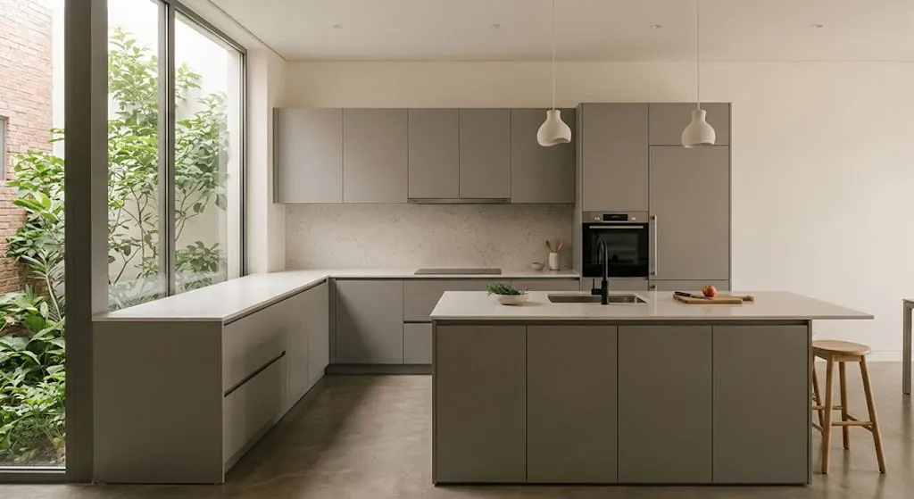 gian bếp tối giản với tông màu trung tính