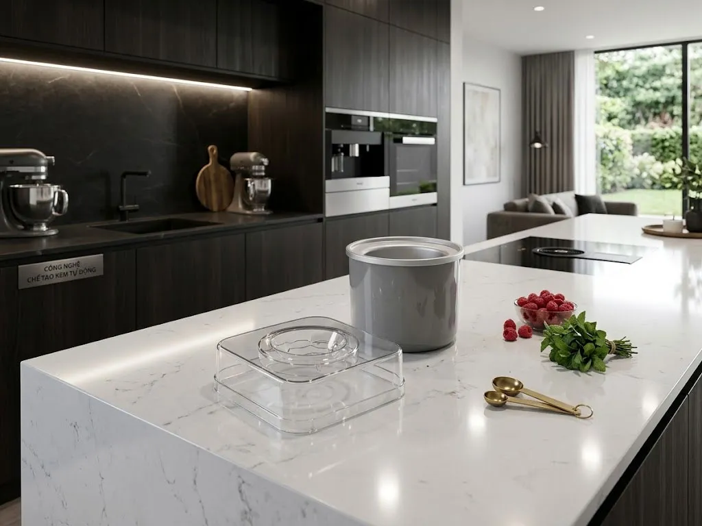 chi tiết bát đông lạnh và nắp trong suốt của máy