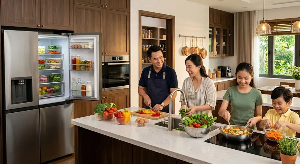 Gia đình chuẩn bị bữa ăn với thực phẩm tươi sạch và tươi ngon