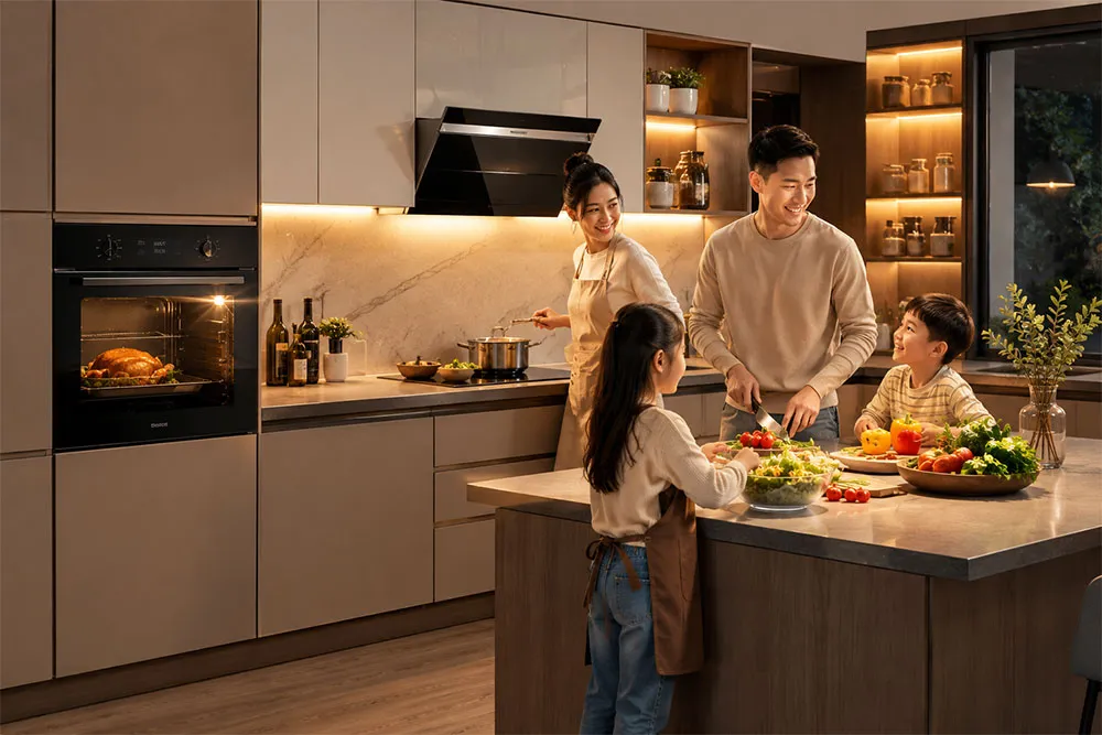 Gia đình sử dụng lò nướng âm tủ trong căn bếp hiện đại