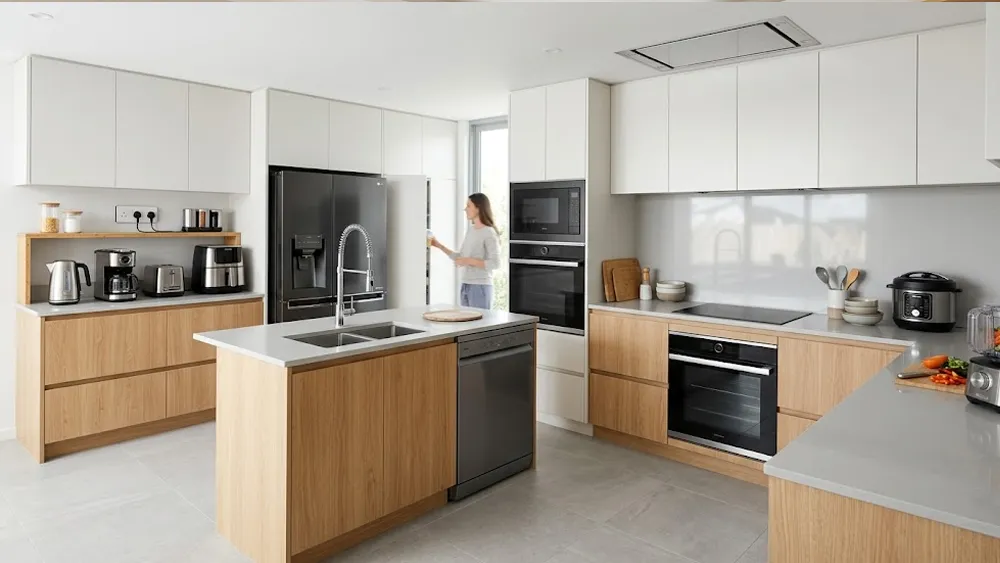 Các thiết bị điện gia dụng hiện đại được bố trí khoa học trong căn bếp"