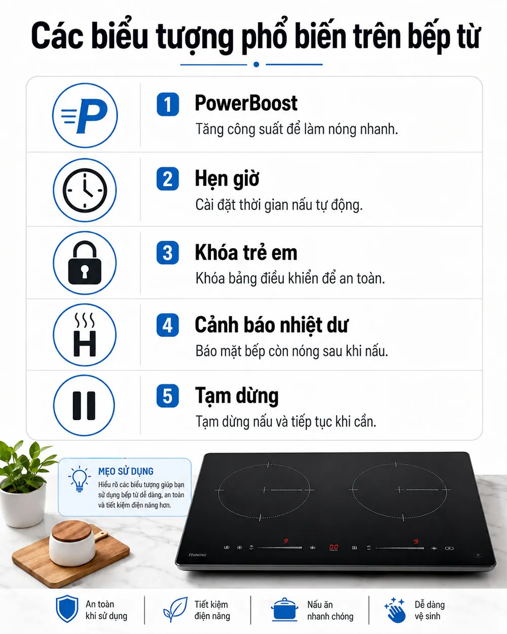 Các chức năng an toàn và tiện ích phổ biến trên bếp từ