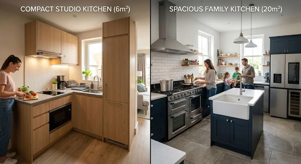 So sánh hai không gian bếp với cách chọn thiết bị phù hợp diện tích